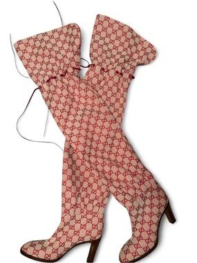 Gucci Beige and Red GG Monogram Over-the-Knee Boots